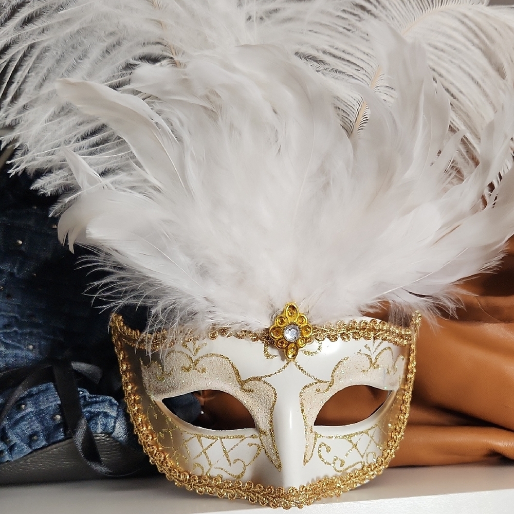 Luxurious White and Gold Venetian Face Mask with Feather Plume